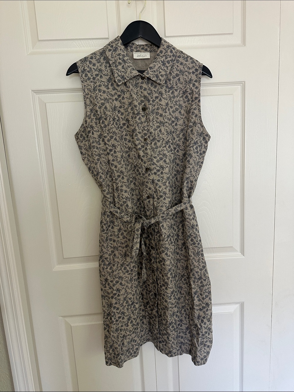 100% Linen - Sleeveless Collared Tie-Waist Floral Shirt Dress - Beige/Blue